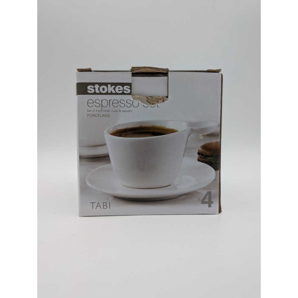 Stokes White Espresso Set (4) TABI Porcelain Cups & Saucers